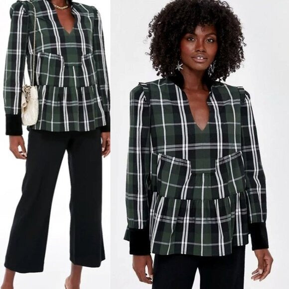 Tuckernuck NEW Green Tartan Plaid Velvet Trim Bristol Blouse Top Size XS